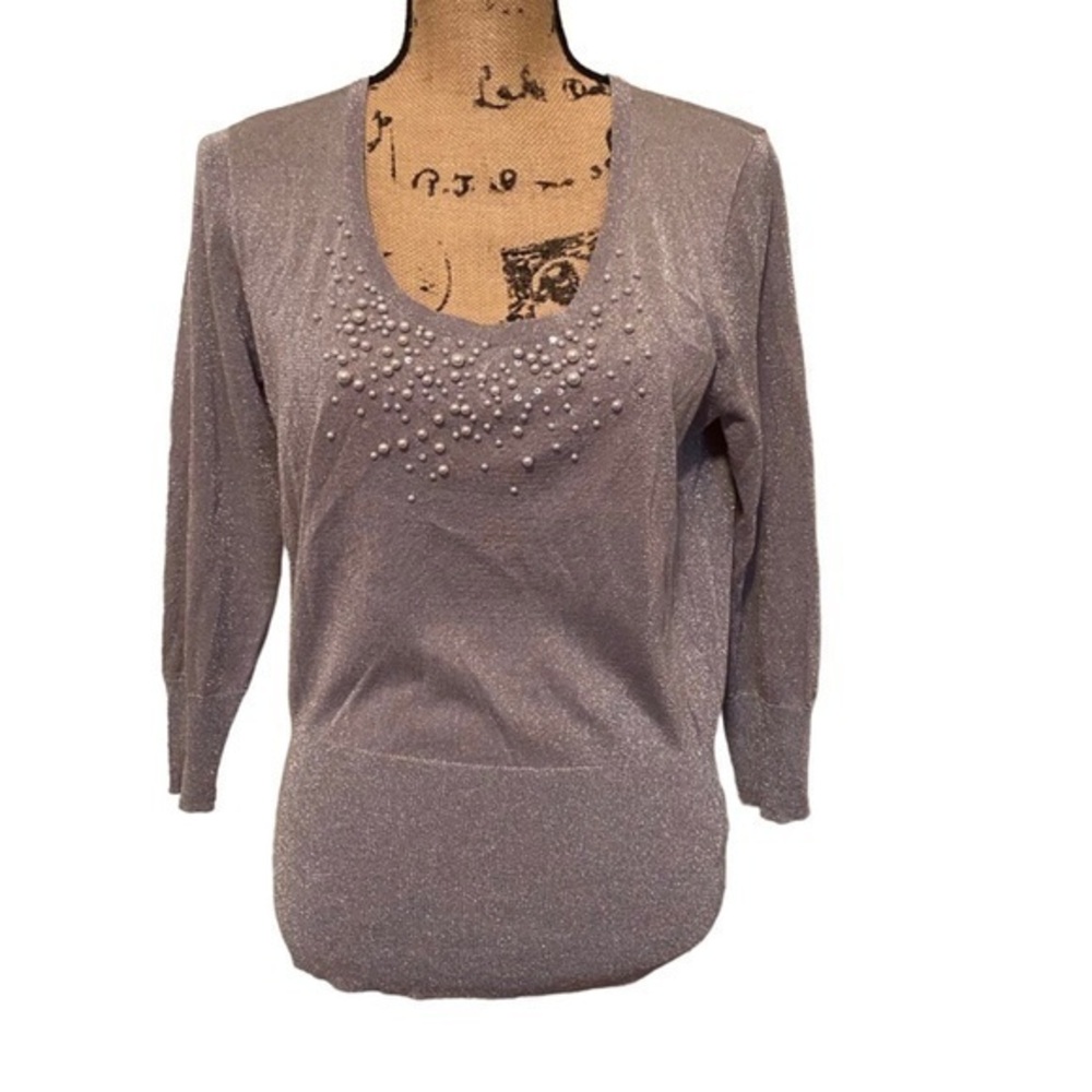 August Silk Silver Pearl and sequin Scoop Neck Pullover Sweater Size L
